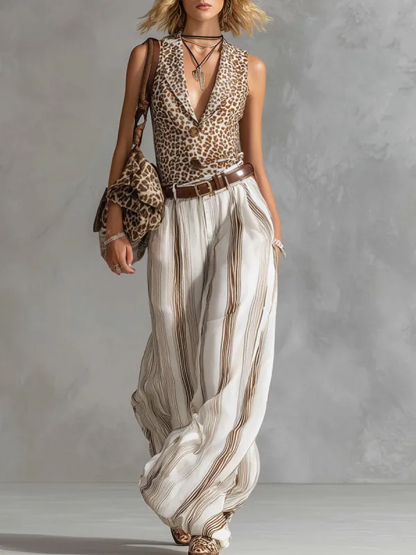 Elegant Brown Leopard-Print Vest And Striped Wide-Leg Chiffon Pant Set made by Oyrosy