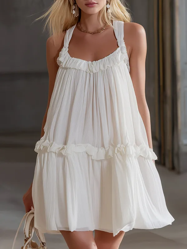 Elegant White Chiffon Ruffled Sleeveless Mini Dress made by Oyrosy