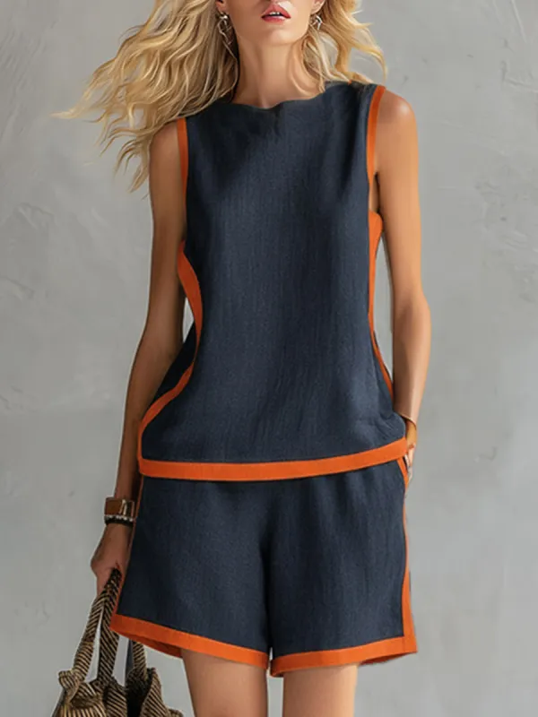 Elegant And Casual Two-tone Trim Dark Blue Cotton And Linen Vest And Shorts Set made by Oyrosy