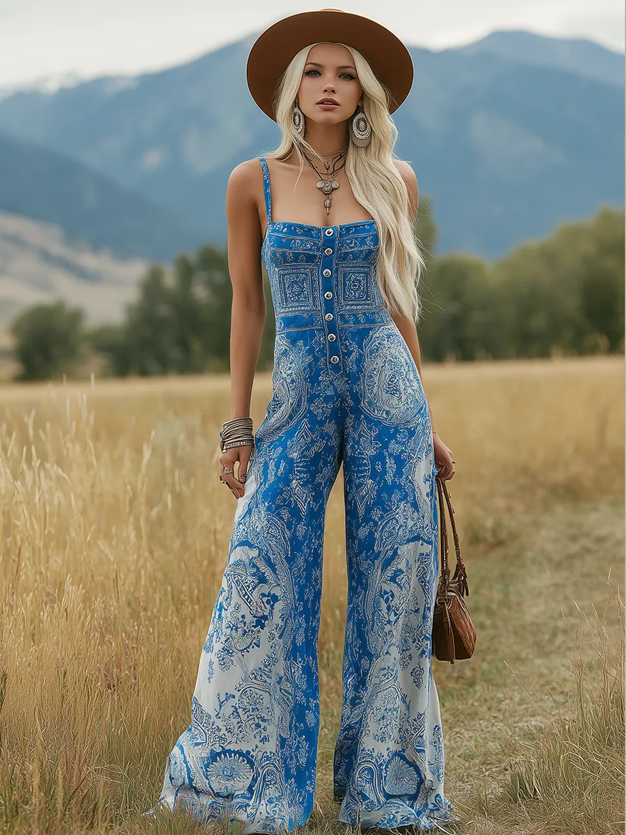 Bohemian Style Fashionable Square Neck Sleeveless Button-down Chiffon Printed Jumpsuit sold by Oyrosy product image thumbnail 4