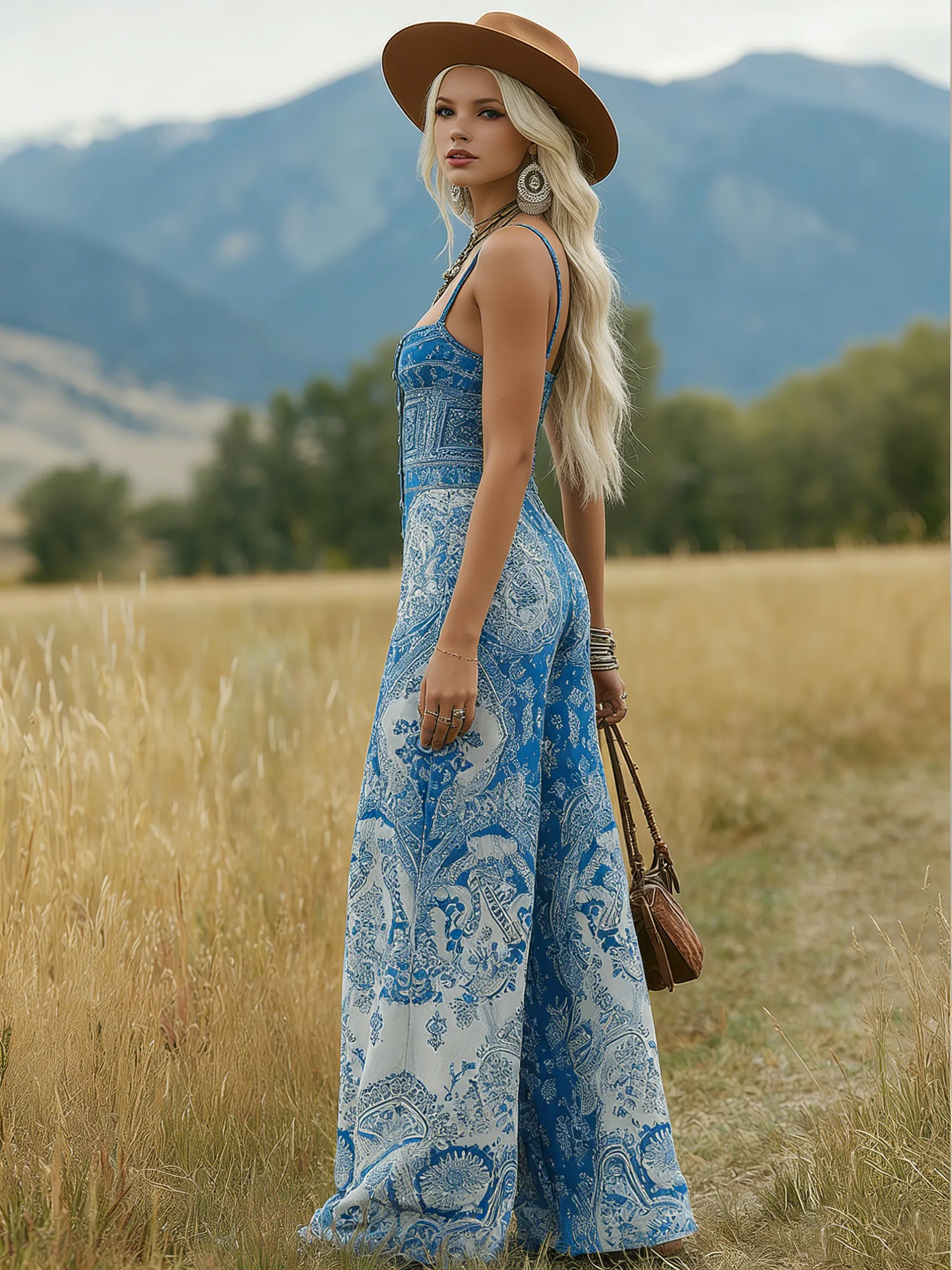 Bohemian Style Fashionable Square Neck Sleeveless Button-down Chiffon Printed Jumpsuit sold by Oyrosy product image thumbnail 2