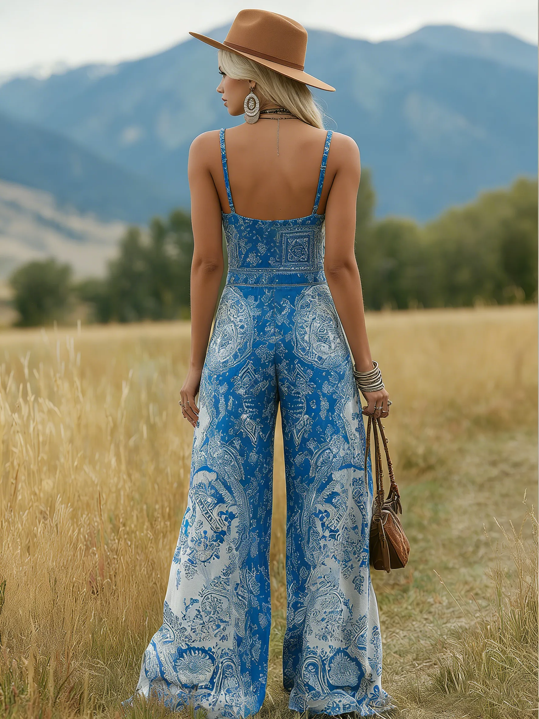 Bohemian Style Fashionable Square Neck Sleeveless Button-down Chiffon Printed Jumpsuit sold by Oyrosy product image thumbnail 3