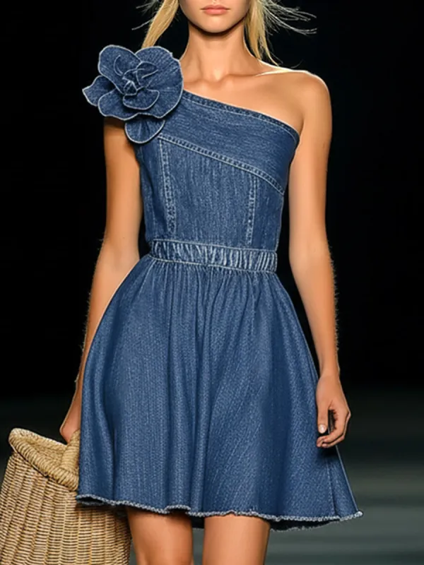 Elegant Retro 3D Floral Blue Denim Sleeveless Mini Dress made by Oyrosy