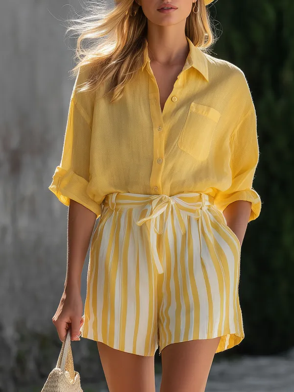 Stylish Retro Yellow Cotton-linen Blend Shirt And Striped Chiffon Shorts Set made by Oyrosy
