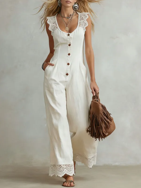 Retro Cotton And Linen Lace-trimmed Round Neck Sleeveless Jumpsuit made by Oyrosy