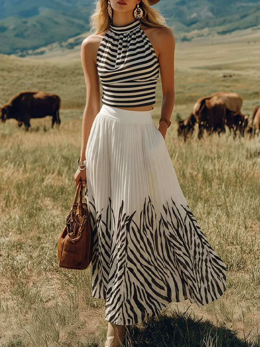 Bohemian-style Sleeveless Striped Top And Printed Color-blocked Chiffon Skirt Set sold by Oyrosy