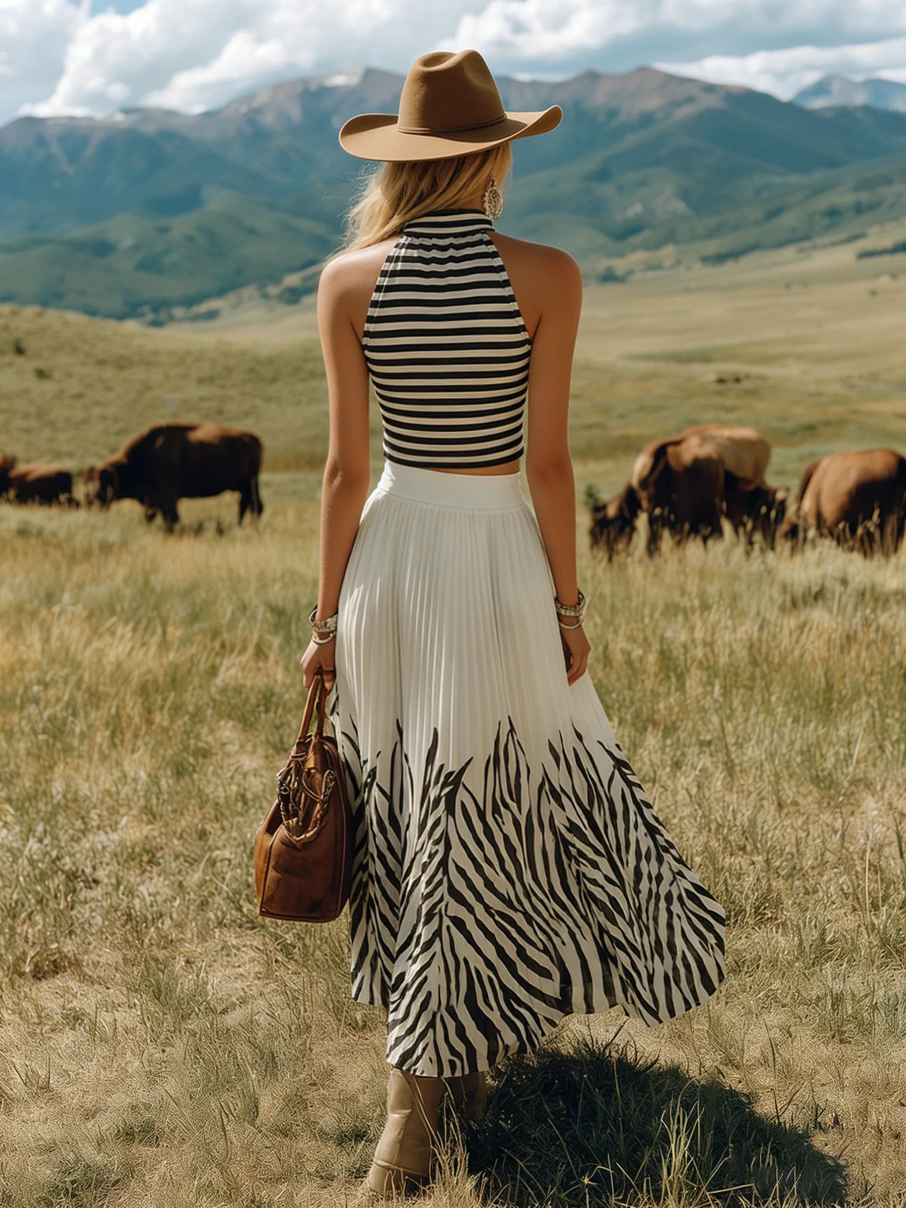 Bohemian-style Sleeveless Striped Top And Printed Color-blocked Chiffon Skirt Set sold by Oyrosy product image thumbnail 3