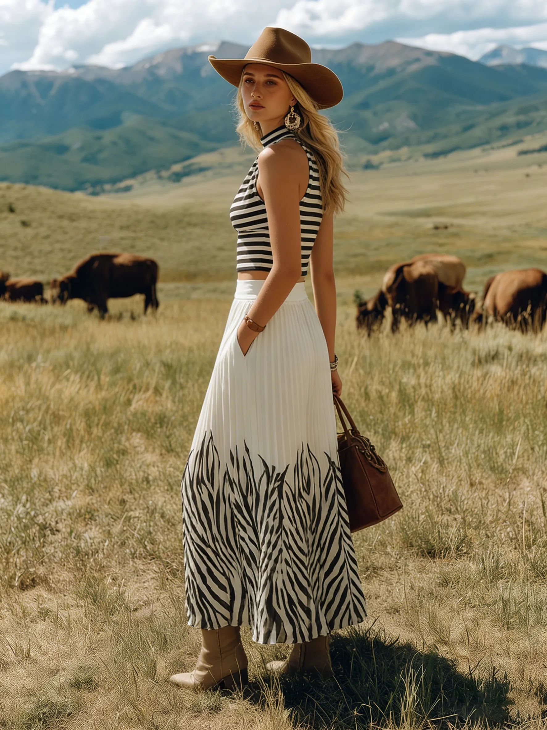 Bohemian-style Sleeveless Striped Top And Printed Color-blocked Chiffon Skirt Set sold by Oyrosy product image thumbnail 2