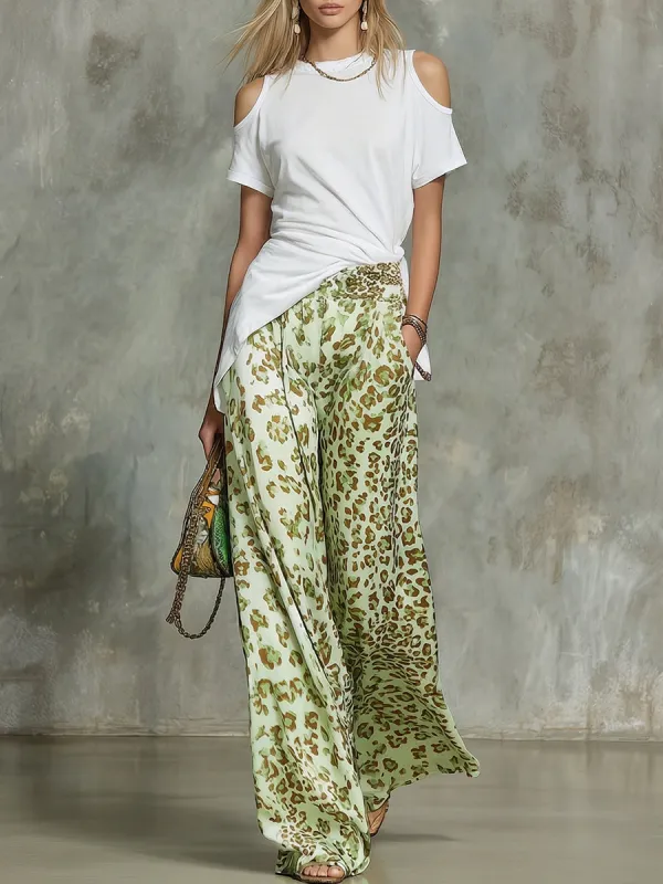 Casual Off-Shoulder Short-Sleeve T-Shirt And Leopard-Print Chiffon Wide-Leg Pants made by Oyrosy