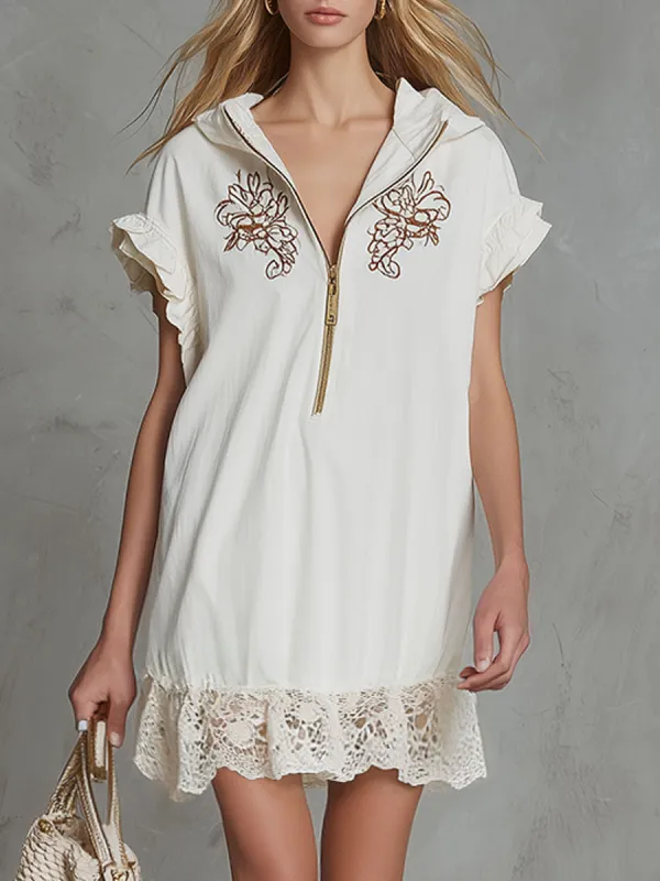Casual Retro Embroidered Lace White Hooded Short-sleeved Cotton Linen Mini Dress made by Oyrosy
