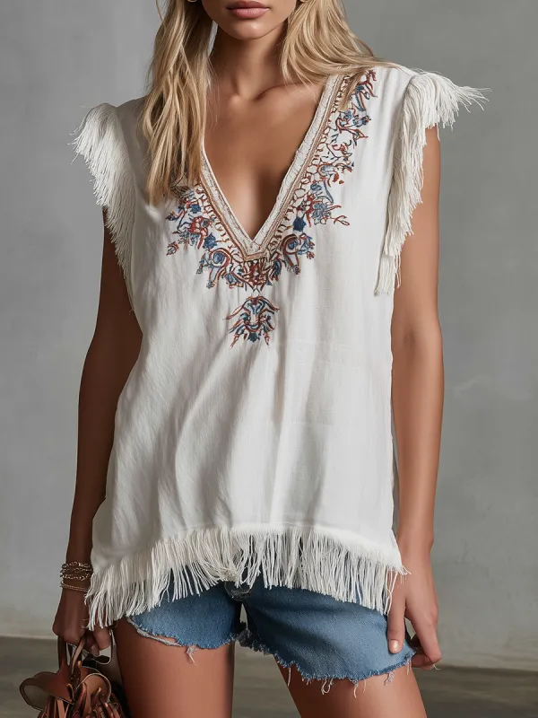 Fashionable Ethnic Style V-neck Embroidered Sleeveless Frayed Edge Top made by Oyrosy
