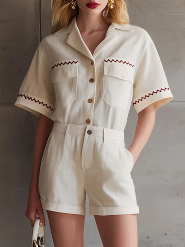 Casual Retro Embroidered Off-White Cotton Linen Short-Sleeve Shirt And Shorts Set made by Oyrosy