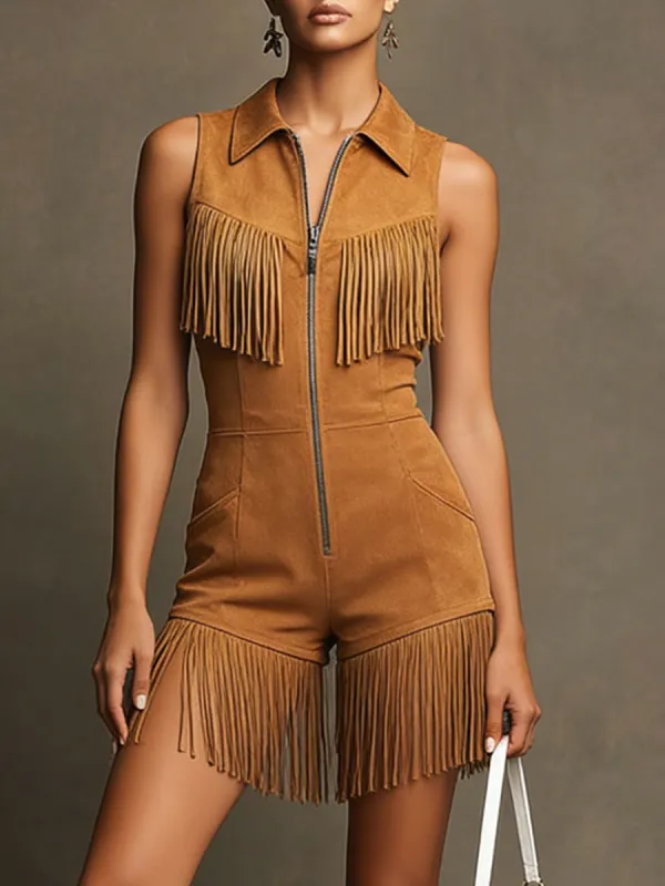 Western Retro Sleeveless Caramel Faux Suede Fringe Shorts Jumpsuit made by Oyrosy