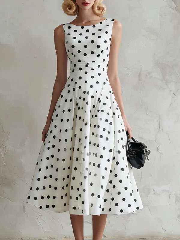 Fashionable Retro Black Polka Dot White Chiffon A-line Sleeveless Midi Dress made by Oyrosy