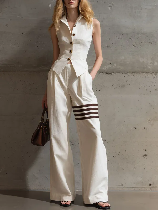 Casual Retro Off-White Cotton Linen Sleeveless Shirt And Striped Pants Set made by Oyrosy