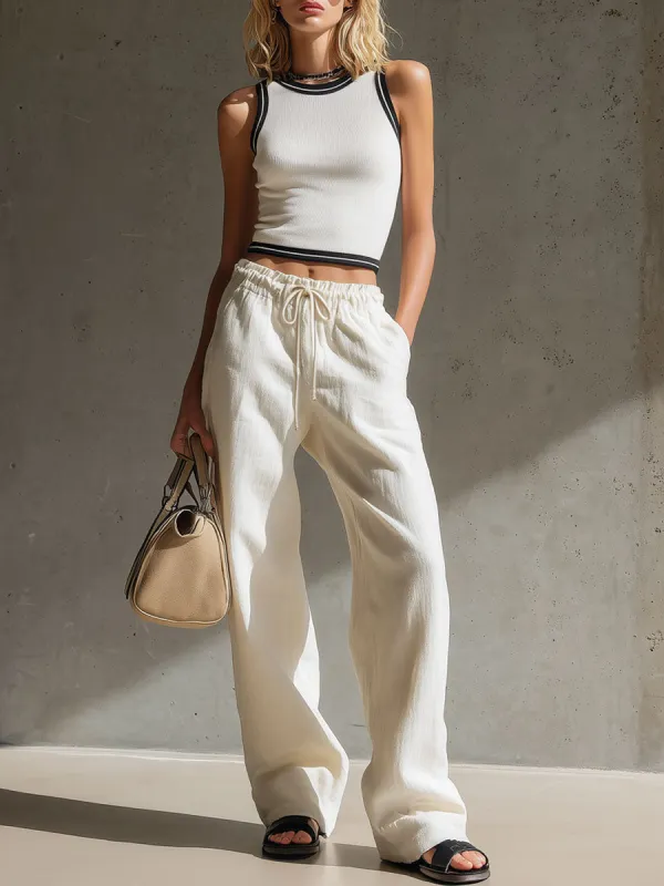 Casual Retro Black-trimmed White Vest Cotton Linen Straight Leg Pants Set made by Oyrosy