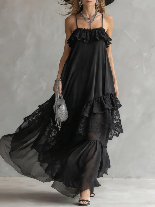Black Chiffon And Lace Sleeveless Maxi Dress made by Oyrosy