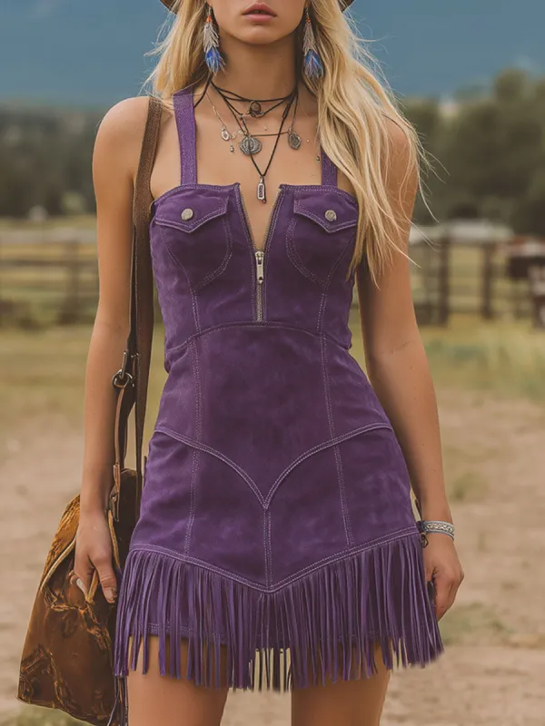 Western-style Zippered Pocket Tassel Faux Suede Sleeveless Mini Dress made by Oyrosy