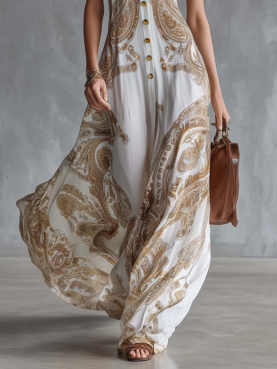 Vintage Western Collared Button-Front Paisley-Print White Chiffon Maxi Dress sold by Oyrosy product image thumbnail 3