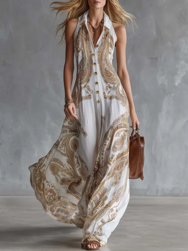 Vintage Western Collared Button-Front Paisley-Print White Chiffon Maxi Dress made by Oyrosy