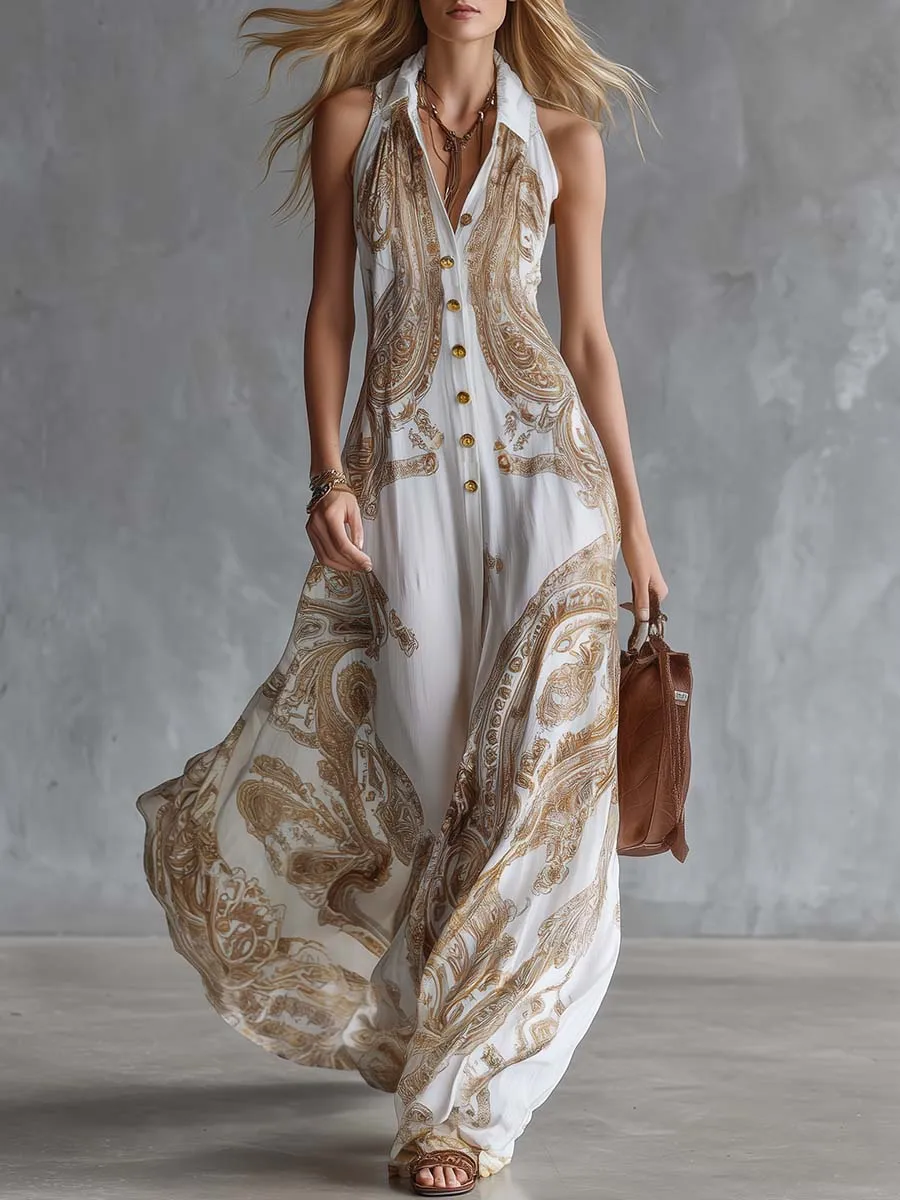 Vintage Western Collared Button-Front Paisley-Print White Chiffon Maxi Dress sold by Oyrosy