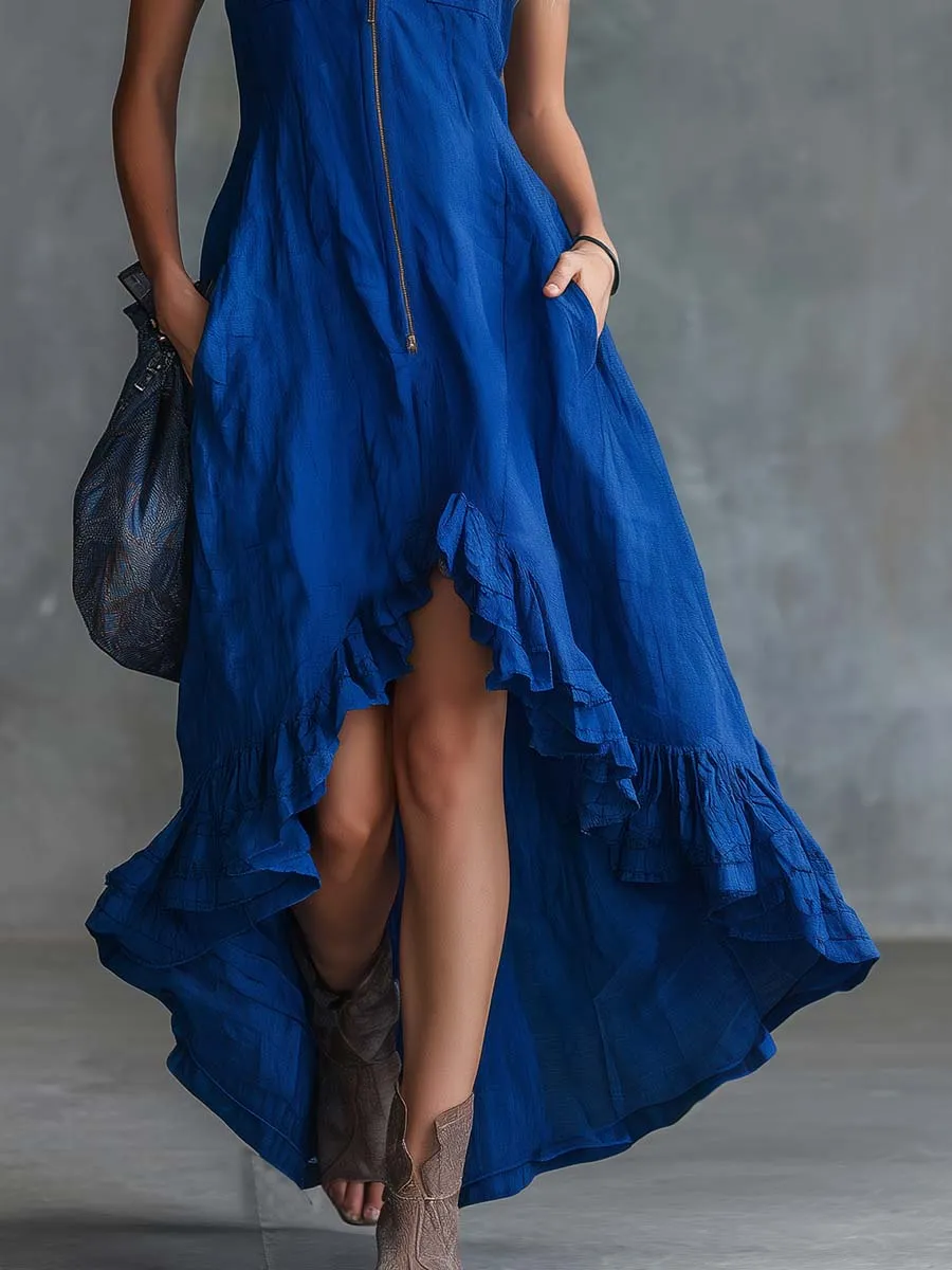 Vintage Casual Lapel Front Zipper High-Low Ruffled Hem Royal Blue Cotton-Linen Midi Dress sold by Oyrosy product image thumbnail 4