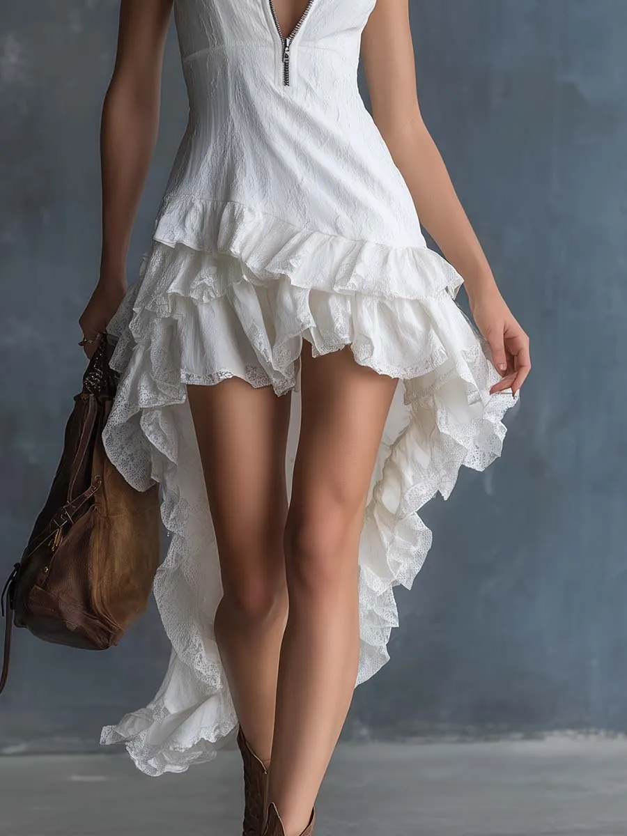 Elegant Western V-Neck Front Zipper High-Low Ruffled Hem White Lace Midi Dress sold by Oyrosy product image thumbnail 4
