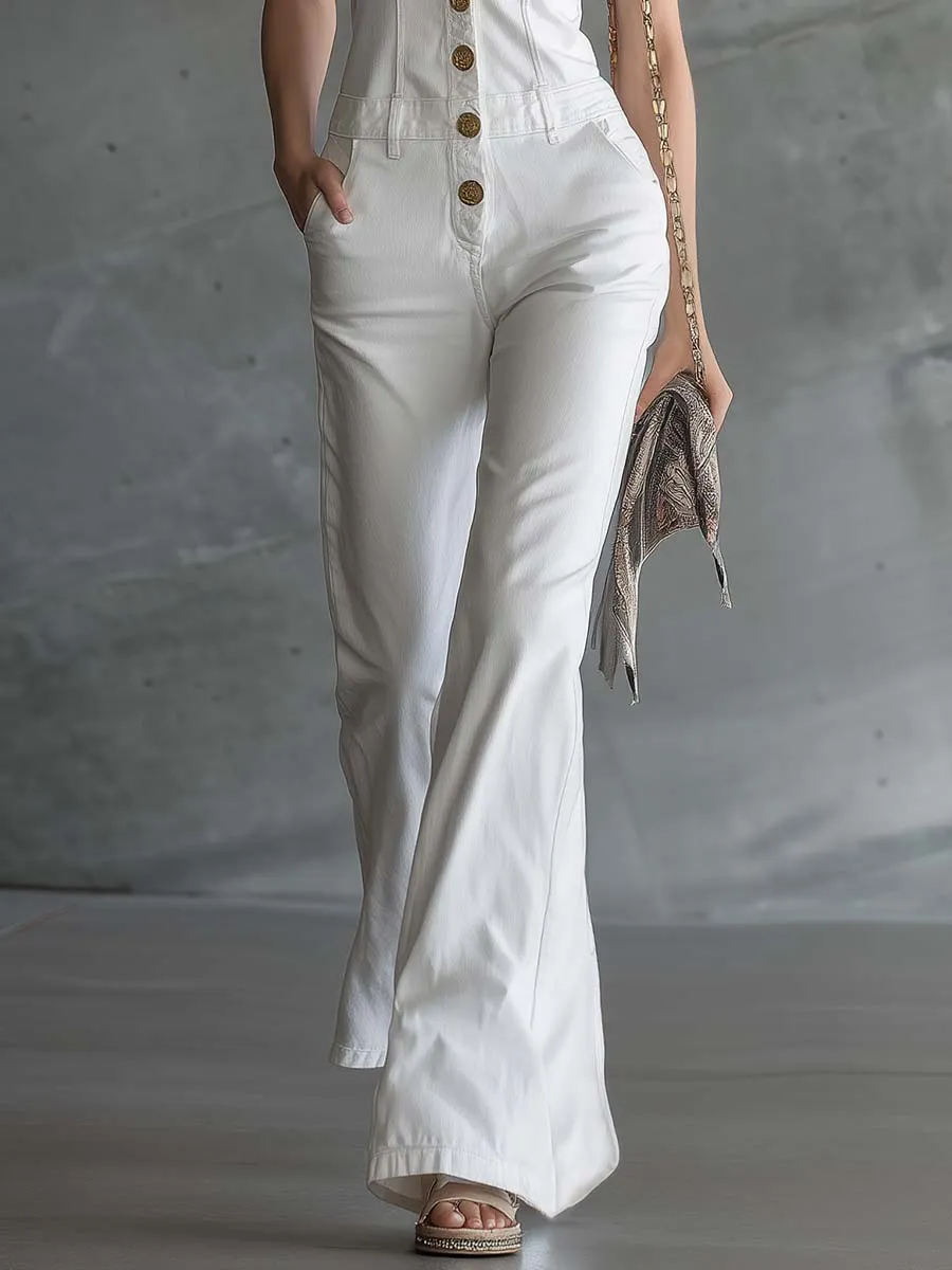 Elegant Retro V-Neck Front-Button White Denim Jumpsuit sold by Oyrosy product image thumbnail 4