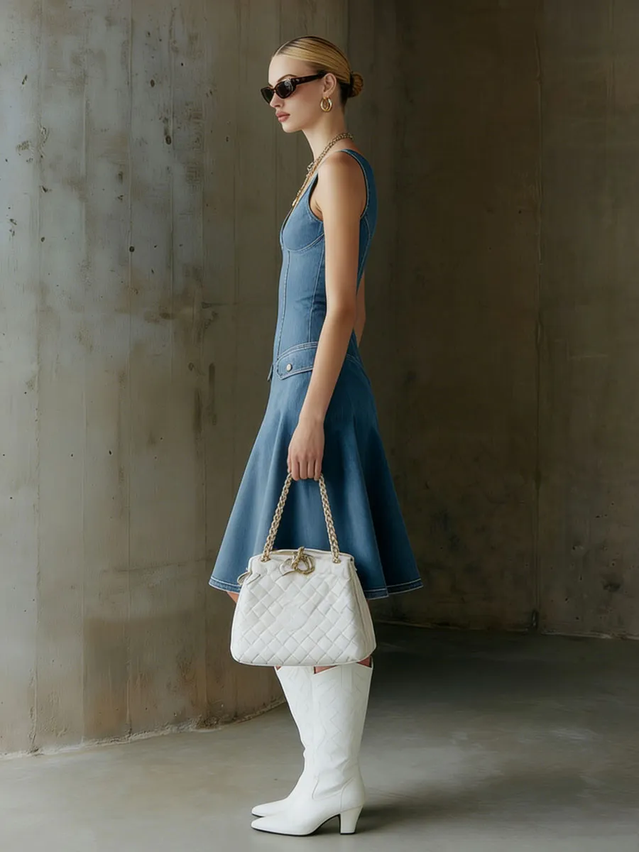 Fashionable Retro Blue Denim V-neck Sleeveless A-line Midi Dress sold by Oyrosy product image thumbnail 3