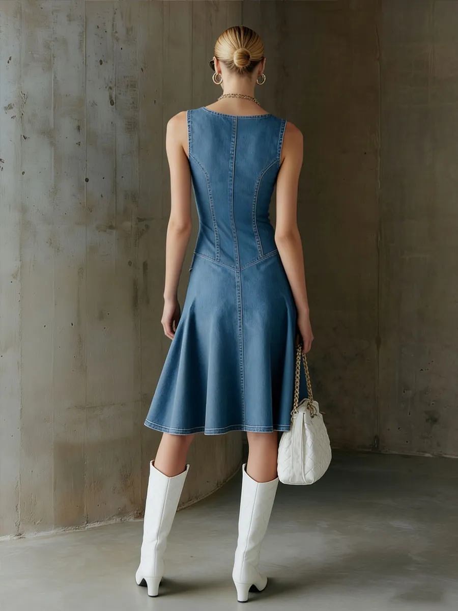 Fashionable Retro Blue Denim V-neck Sleeveless A-line Midi Dress sold by Oyrosy product image thumbnail 4