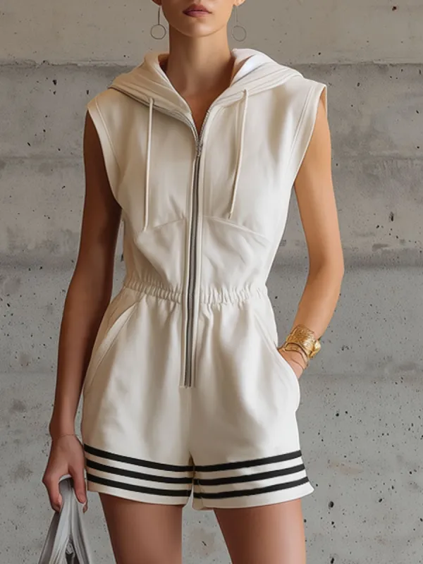 Sporty Retro Striped Misty White Cotton Sleeveless Hooded Jumpsuit made by Oyrosy