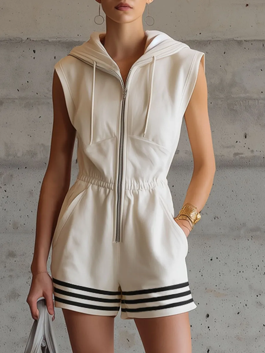 Sporty Retro Striped Misty White Cotton Sleeveless Hooded Jumpsuit sold by Oyrosy