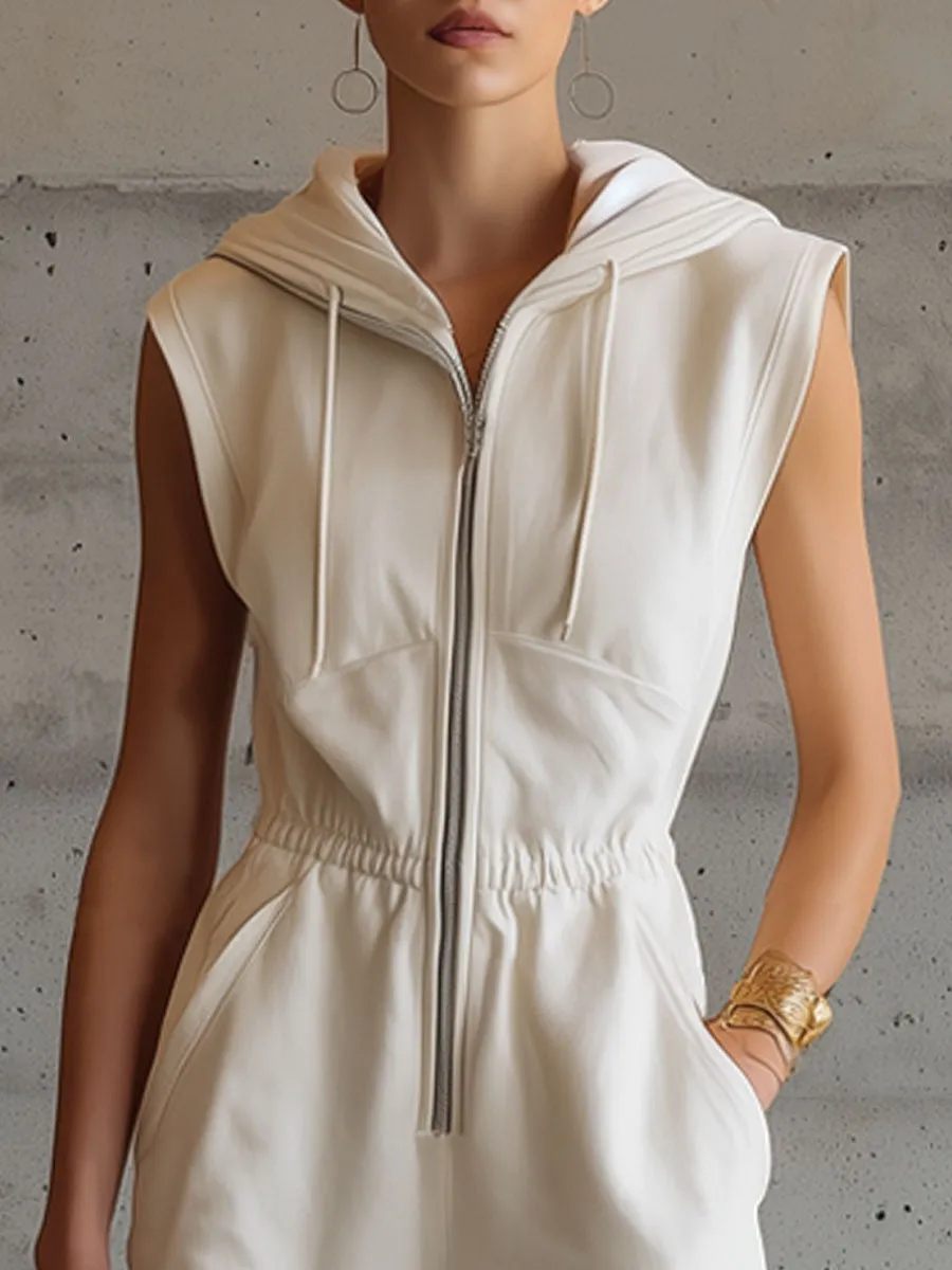 Sporty Retro Striped Misty White Cotton Sleeveless Hooded Jumpsuit sold by Oyrosy product image thumbnail 5