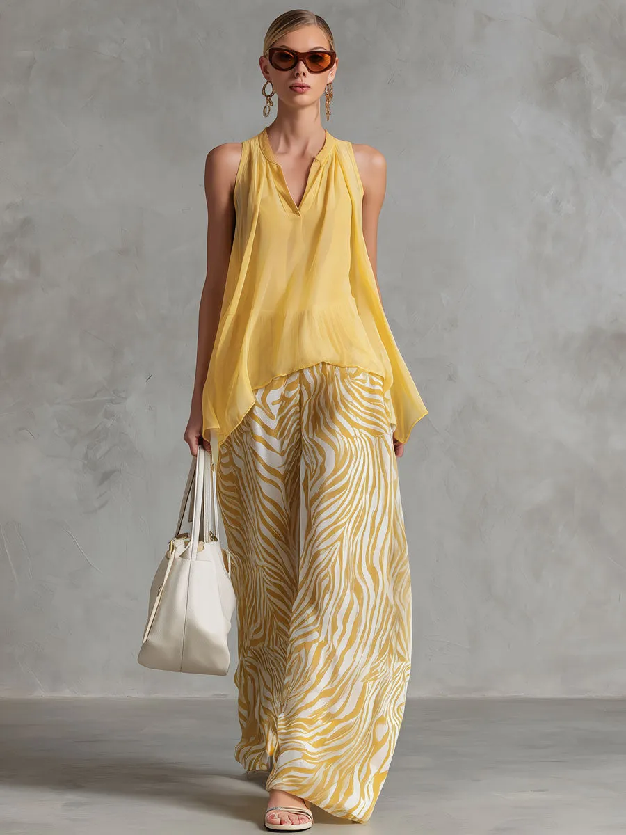 Fashionable Retro Yellow Chiffon Sleeveless Shirt And Zebra-print Wide-leg Pants Set sold by Oyrosy product image thumbnail 2