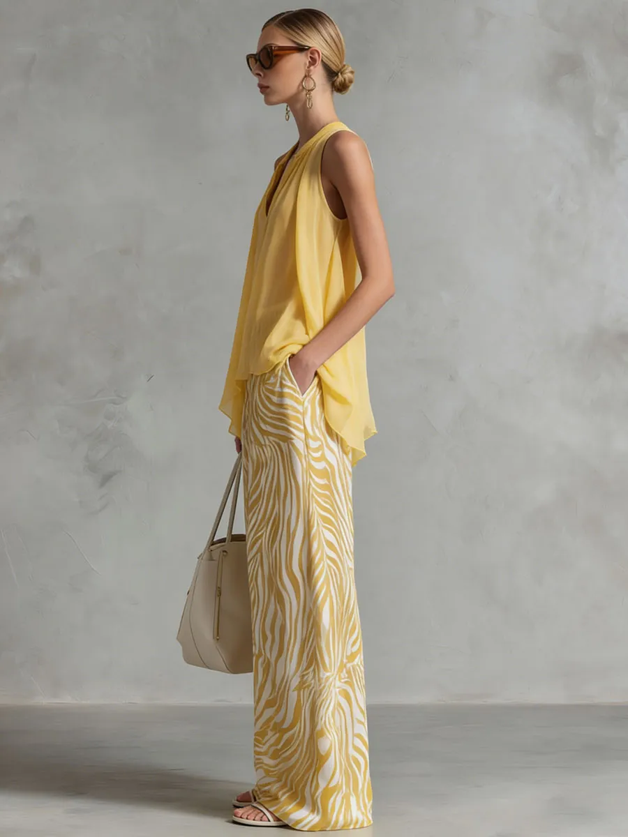 Fashionable Retro Yellow Chiffon Sleeveless Shirt And Zebra-print Wide-leg Pants Set sold by Oyrosy product image thumbnail 3