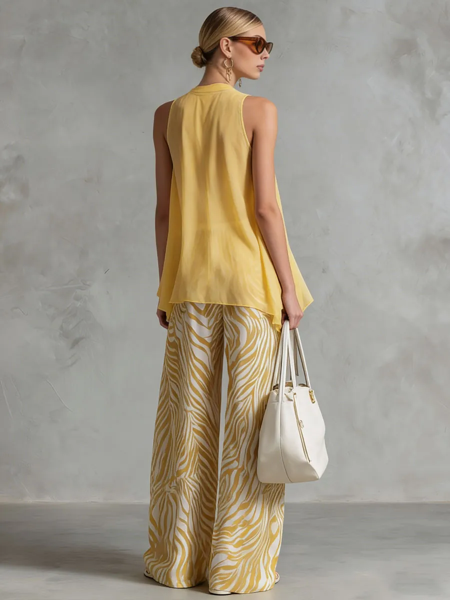 Fashionable Retro Yellow Chiffon Sleeveless Shirt And Zebra-print Wide-leg Pants Set sold by Oyrosy product image thumbnail 4