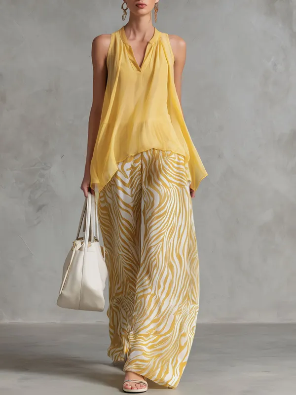 Fashionable Retro Yellow Chiffon Sleeveless Shirt And Zebra-print Wide-leg Pants Set made by Oyrosy