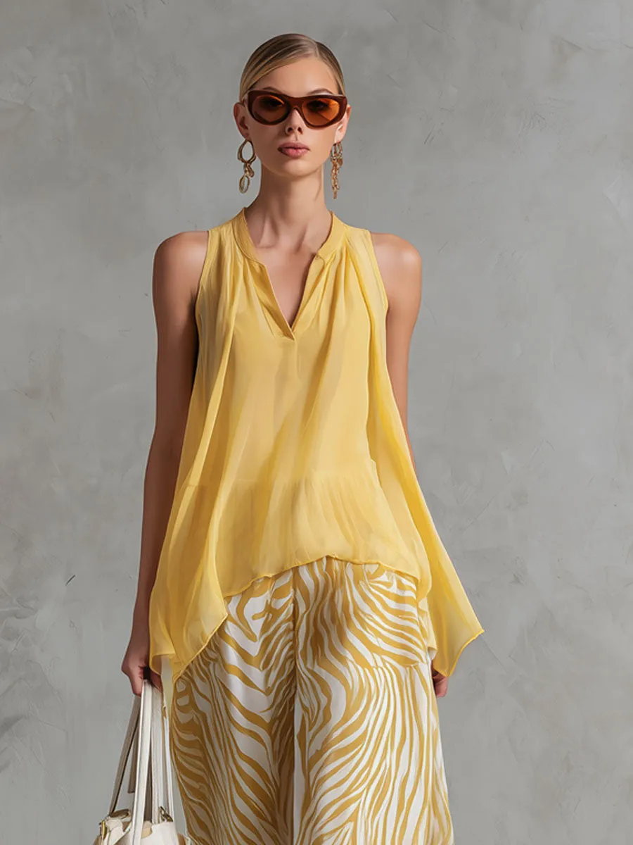 Fashionable Retro Yellow Chiffon Sleeveless Shirt And Zebra-print Wide-leg Pants Set sold by Oyrosy product image thumbnail 5