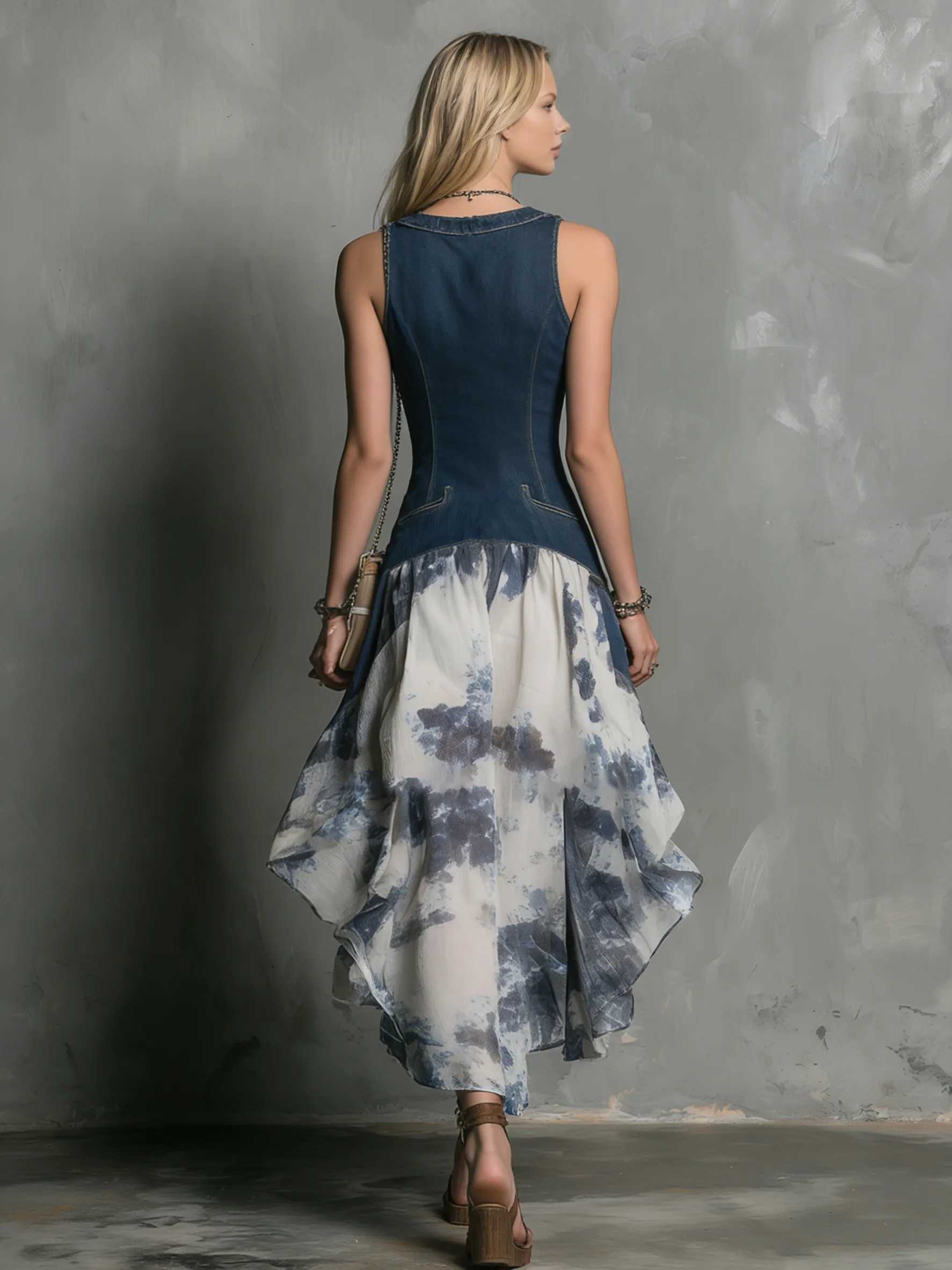 Fashionable Retro Collared Sleeveless Button-print Midi Dress sold by Oyrosy product image thumbnail 3