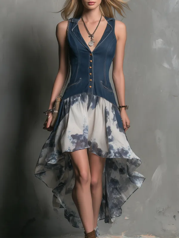 Fashionable Retro Collared Sleeveless Button-print Midi Dress made by Oyrosy