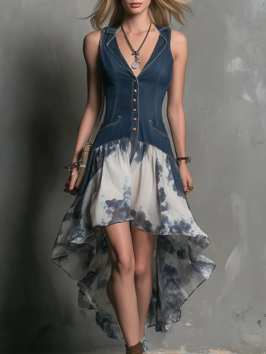 Fashionable Retro Collared Sleeveless Button-print Midi Dress sold by Oyrosy