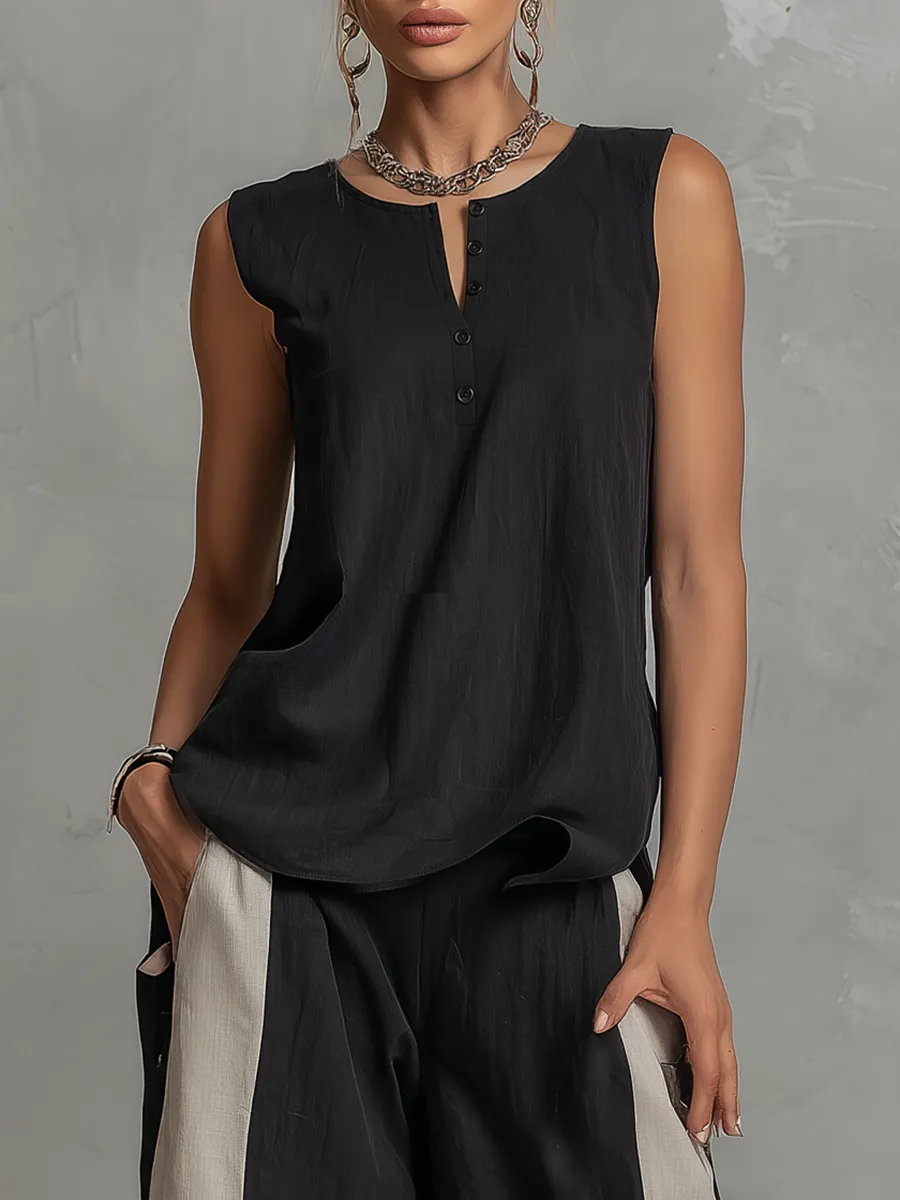 Retro Casual Sleeveless Round Neck Top And Color-blocked Capri Pants Set sold by Oyrosy product image thumbnail 5