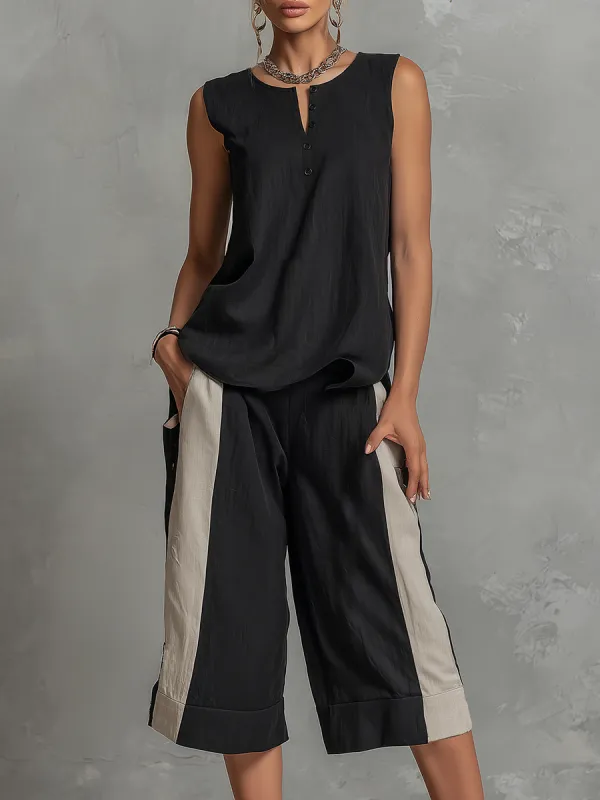 Retro Casual Sleeveless Round Neck Top And Color-blocked Capri Pants Set made by Oyrosy