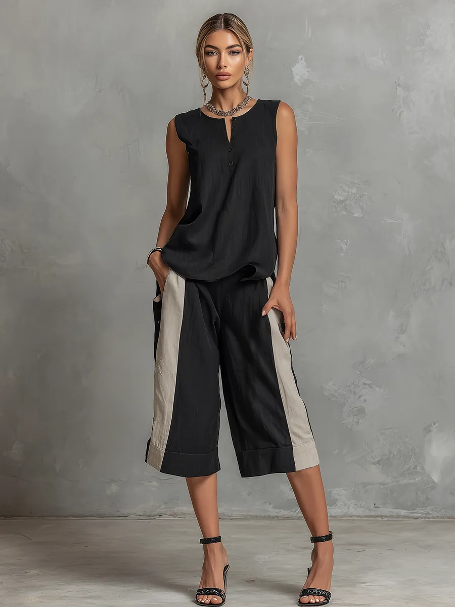 Retro Casual Sleeveless Round Neck Top And Color-blocked Capri Pants Set sold by Oyrosy product image thumbnail 4