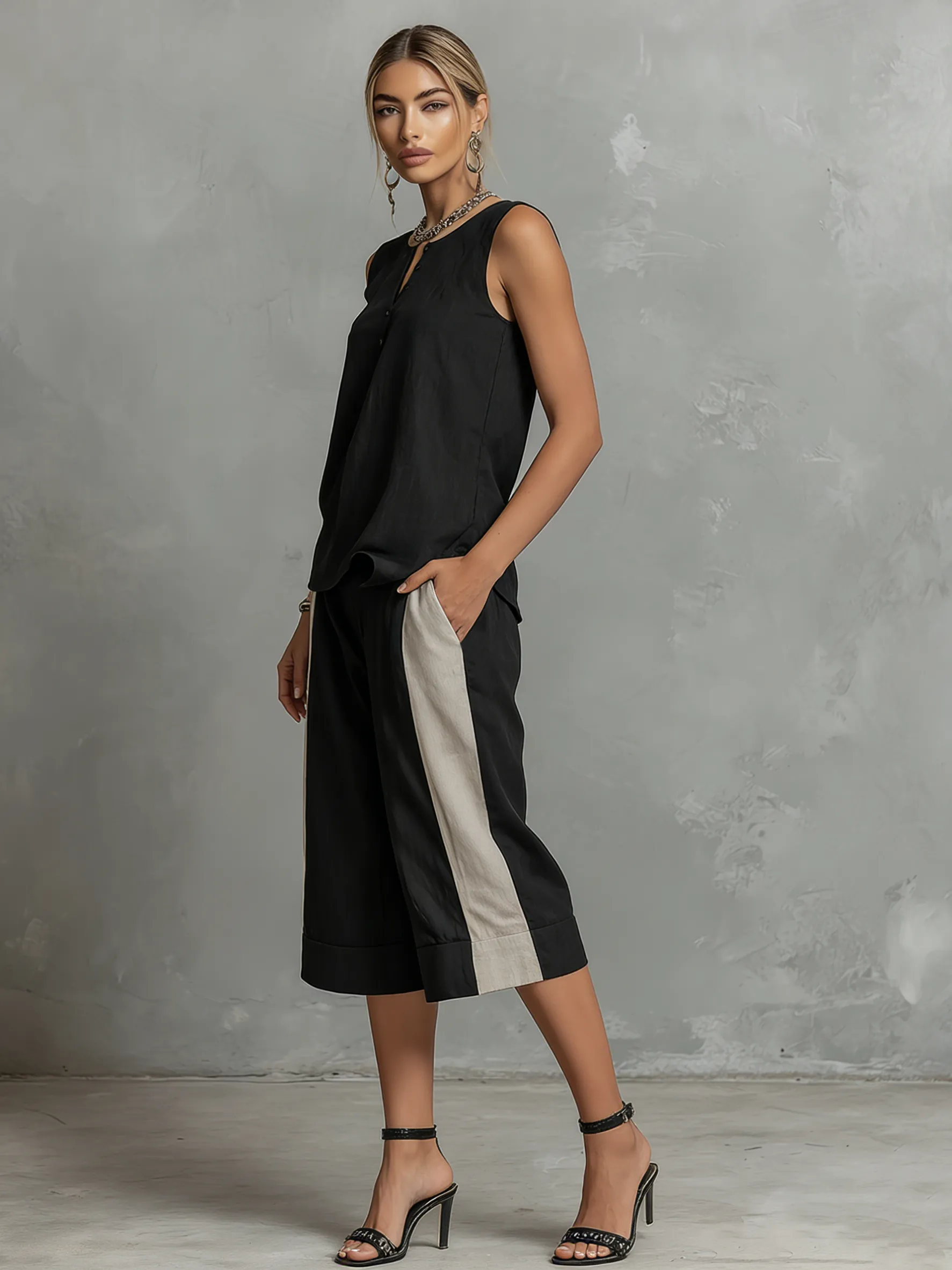 Retro Casual Sleeveless Round Neck Top And Color-blocked Capri Pants Set sold by Oyrosy product image thumbnail 2