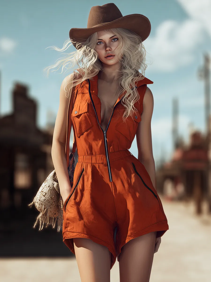 Bohemian Western-Style Collared Sleeveless Zip-Front Jumpsuit sold by Oyrosy product image thumbnail 4