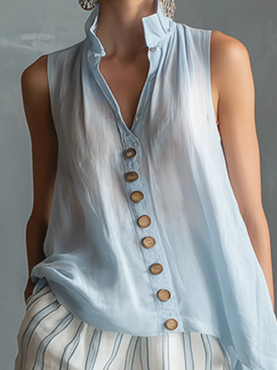 Elegant Casual Light Blue Sleeveless Shirt And Striped Shorts Cotton-Linen Set sold by Oyrosy product image thumbnail 3