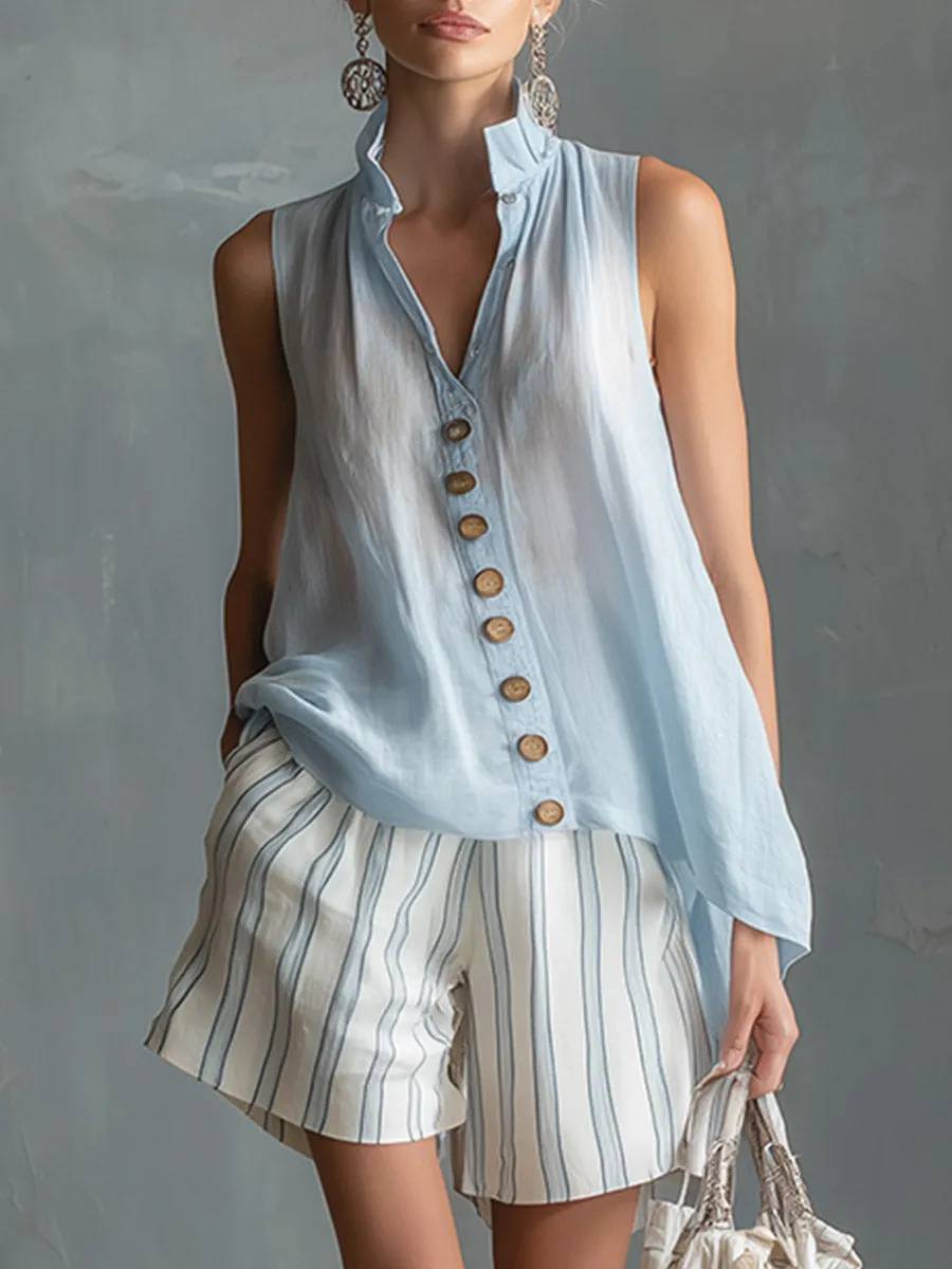 Elegant Casual Light Blue Sleeveless Shirt And Striped Shorts Cotton-Linen Set sold by Oyrosy