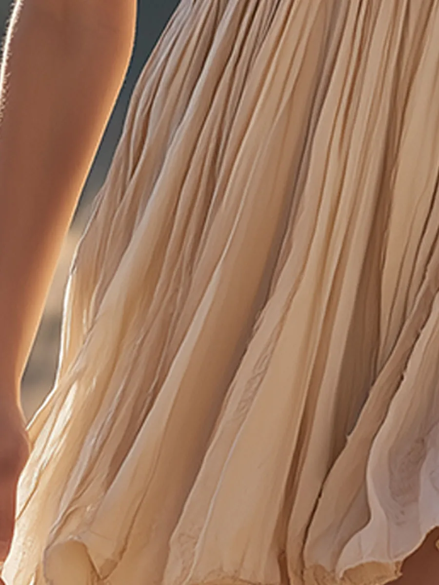 Retro Light Khaki Sleeveless V-Neck Chiffon Mini Dress sold by Oyrosy product image thumbnail 4