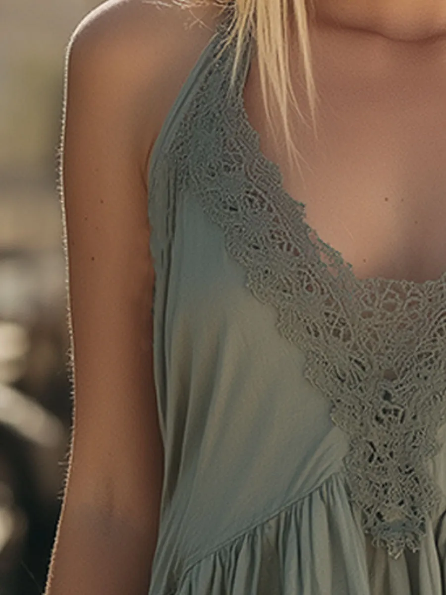 Western Retro Lace Green Ruffled Sleeveless V-Neck Mini Dress sold by Oyrosy product image thumbnail 3